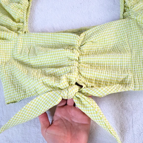 💕 Zara NEW Lime Yellow Gingham Plaid Crop Bubble Sleeves Checkered Knot Zipper - Picture 3 of 15